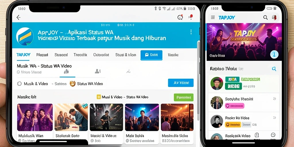 Tampilan antarmuka TAPJOY menampilkan pilihan status video menarik dan musik terbaru.