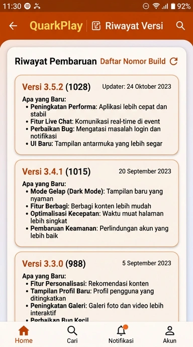 Riwayat Versi Aplikasi Quarkplay untuk Pengguna Android